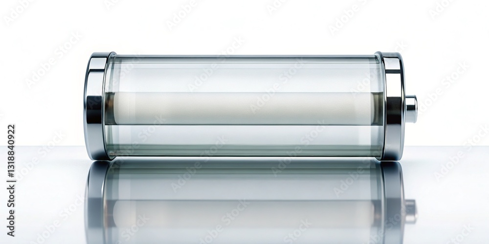 High-Angle Panoramic View of Glass Battery with Reflection on White Background - Copy Space High-Angle Panoramic View of Glass Battery with Reflection on White Background - Copy Space