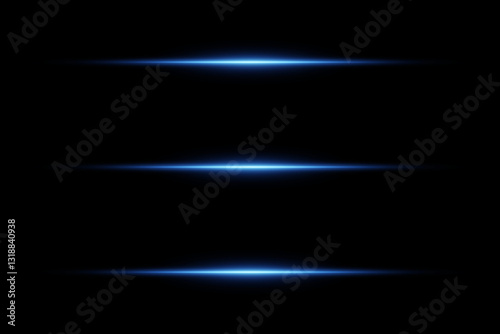 Blue horizontal line of light, flare of a light beam. On a black background.