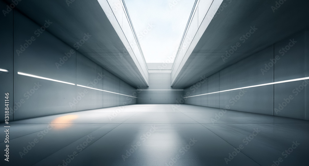 Empty industrial corridor with concrete walls, illuminated by skylight and wall lights. Modern, minimalist space with stark perspective. Empty industrial corridor with concrete walls, illuminated by skylight and wall lights. Modern, minimalist space with stark perspective.