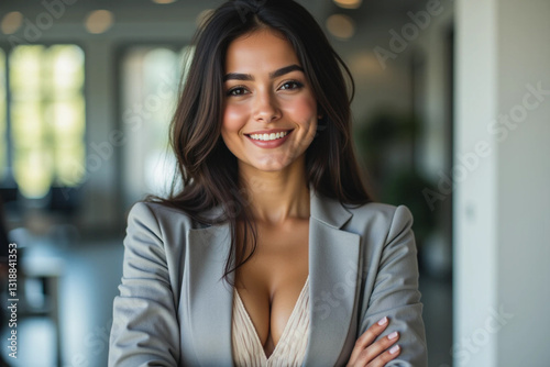 Confident Smiling Hispanic Businesswoman with Professional Blurred Background 