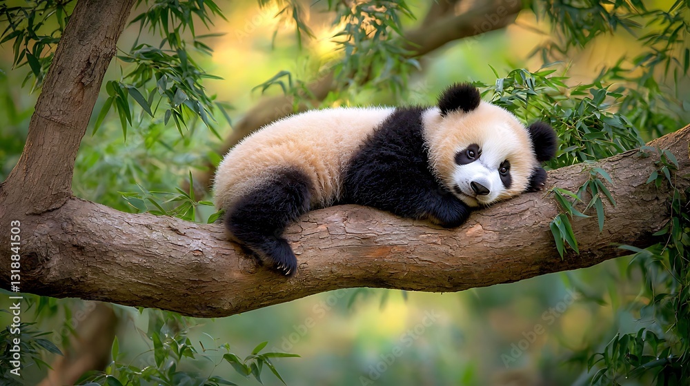 Obraz premium Adorable Panda Cub Resting on Tree Branch in Bamboo Forest
