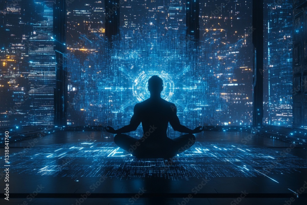 Meditation in a futuristic cityscape with glowing technology at night Meditation in a futuristic cityscape with glowing technology at night