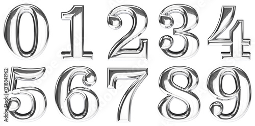 set of 3d rendering silver chrome number