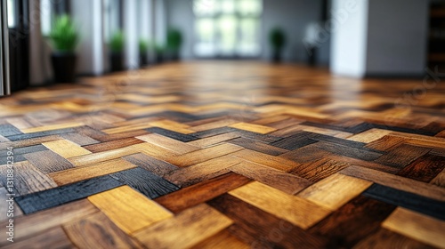 Herringbone hardwood floor in modern bright home photo