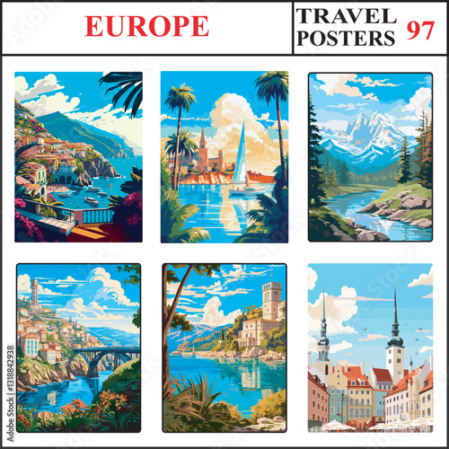 Europe Amalfi Palma De mallorca French Alps Travel Poster Wall Art Print Collection Set Part 97