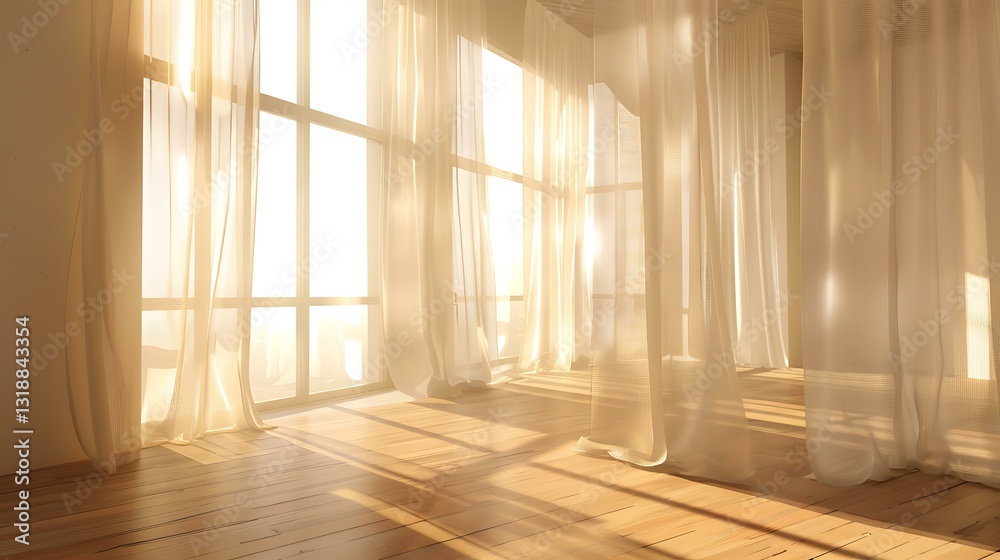 Obraz premium Soft sunlight streaming through sheer curtains, minimalistic home aesthetic