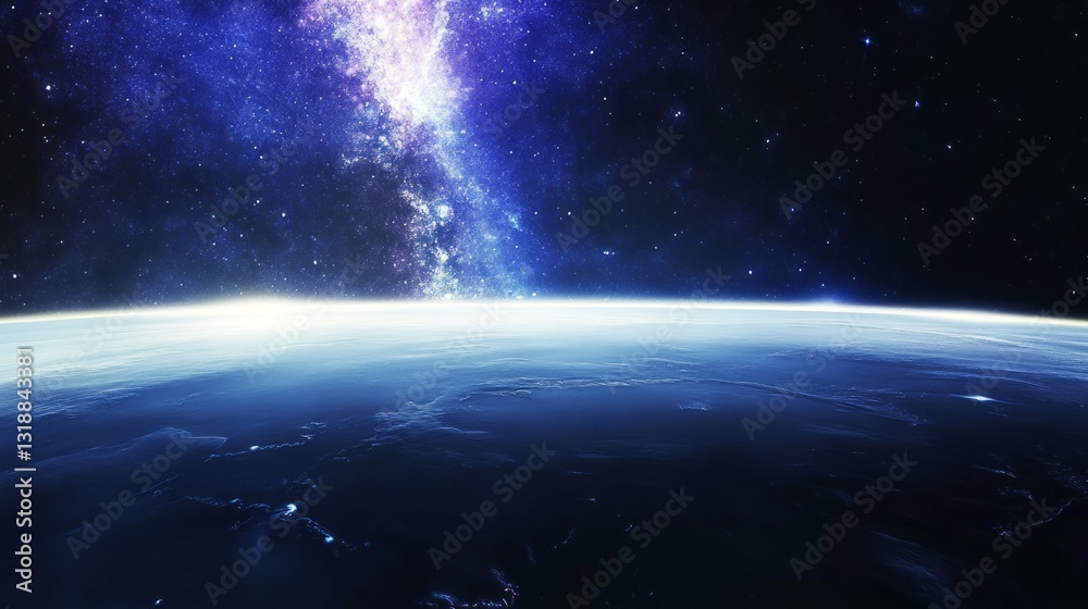 Fototapeta premium Milky Way rising above Earth's horizon, astronaut gear in foreground, showcasing cosmic wonder. 