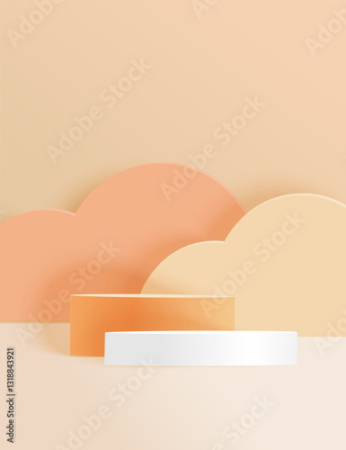 Minimalist podiums for product display with pedestal and orange figures on beige background. Vector phone background.