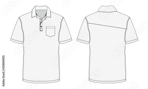 Short Sleeve polo shirt Technical drawing Fashion flat sketch vector illustration template front and back views. Basic Apparel clothing Design mock up polo tee
