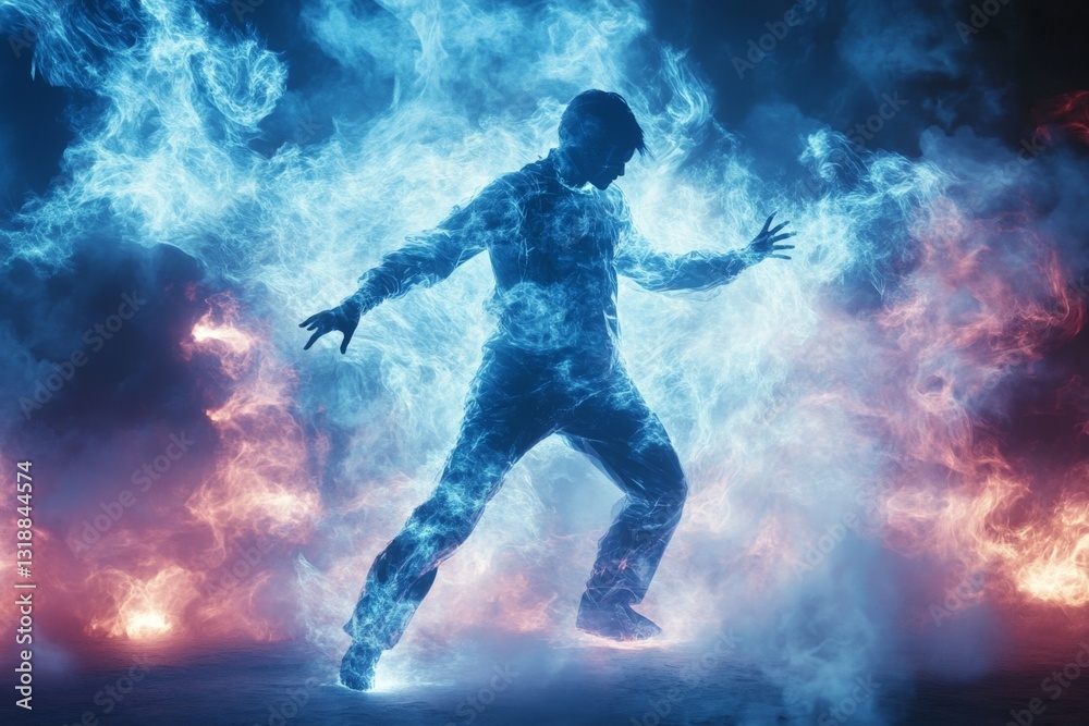 Dynamic figure surrounded by vibrant blue and orange smoke effects during a creative performance in a dark setting Dynamic figure surrounded by vibrant blue and orange smoke effects during a creative performance in a dark setting