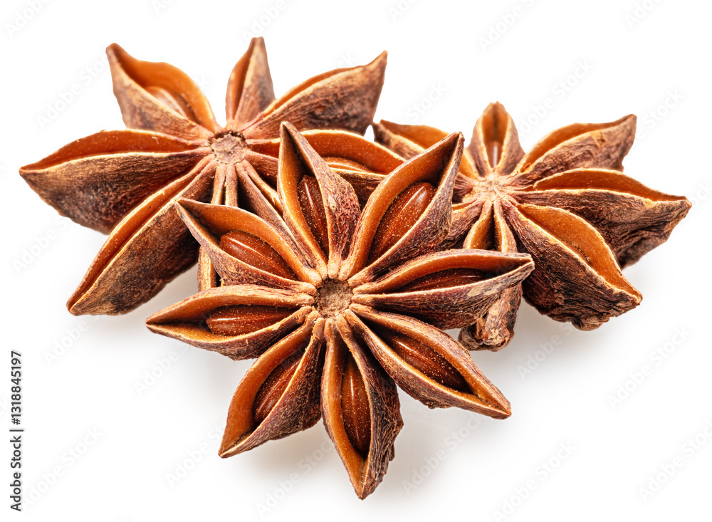 Anise stars or badian, star shaped fruit with seeds inside on white background. File contains clipping path. Anise stars or badian, star shaped fruit with seeds inside on white background. File contains clipping path.