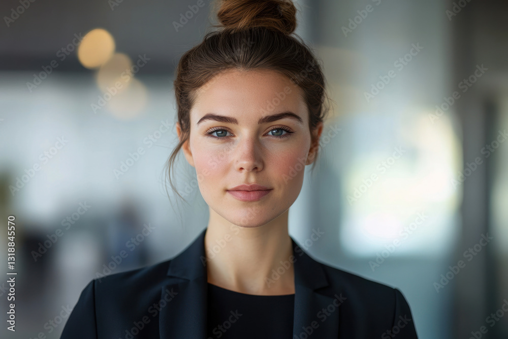 Obraz premium A confident young woman in a professional black blazer stands in a modern office environment, with soft bokeh lighting enhancing the background ambiance