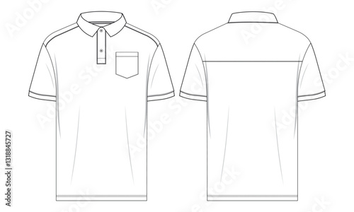 Short Sleeve polo shirt Technical drawing Fashion flat sketch vector illustration template front and back views. Basic Apparel clothing Design mock up polo tee
