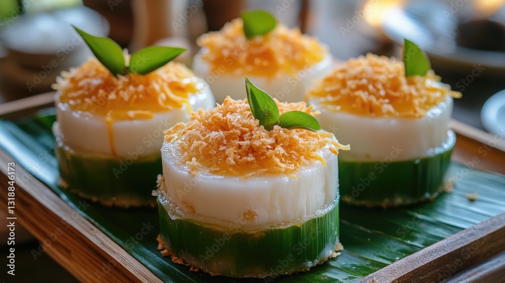 Delightful Asian Dessert with Layers of Coconut Cream and Pandan, Garnished with Shredded Coconut on Leaf Plate Delightful Asian Dessert with Layers of Coconut Cream and Pandan, Garnished with Shredded Coconut on Leaf Plate