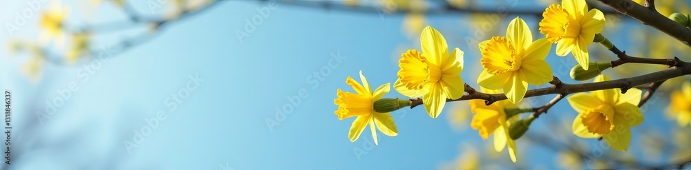 Obraz premium Vibrant yellow daffodils in full bloom on a tree branch against a blue sky backdrop, bloom, flowers, tree