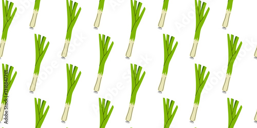 Pattern of green onions arranged in a repeating design on a white background showcasing culinary freshness