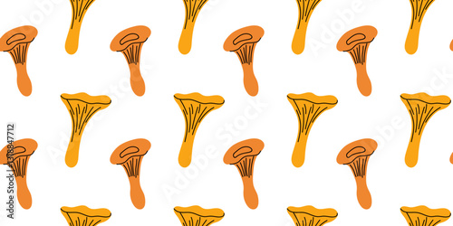Colorful pattern featuring stylized chanterelle mushrooms on a white background, perfect for fabric or wallpaper design inspiration