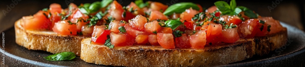 A plate of fresh bruschetta with diced tomatoes basil and olive oil on toasted bread. Generative AI A plate of fresh bruschetta with diced tomatoes basil and olive oil on toasted bread. Generative AI