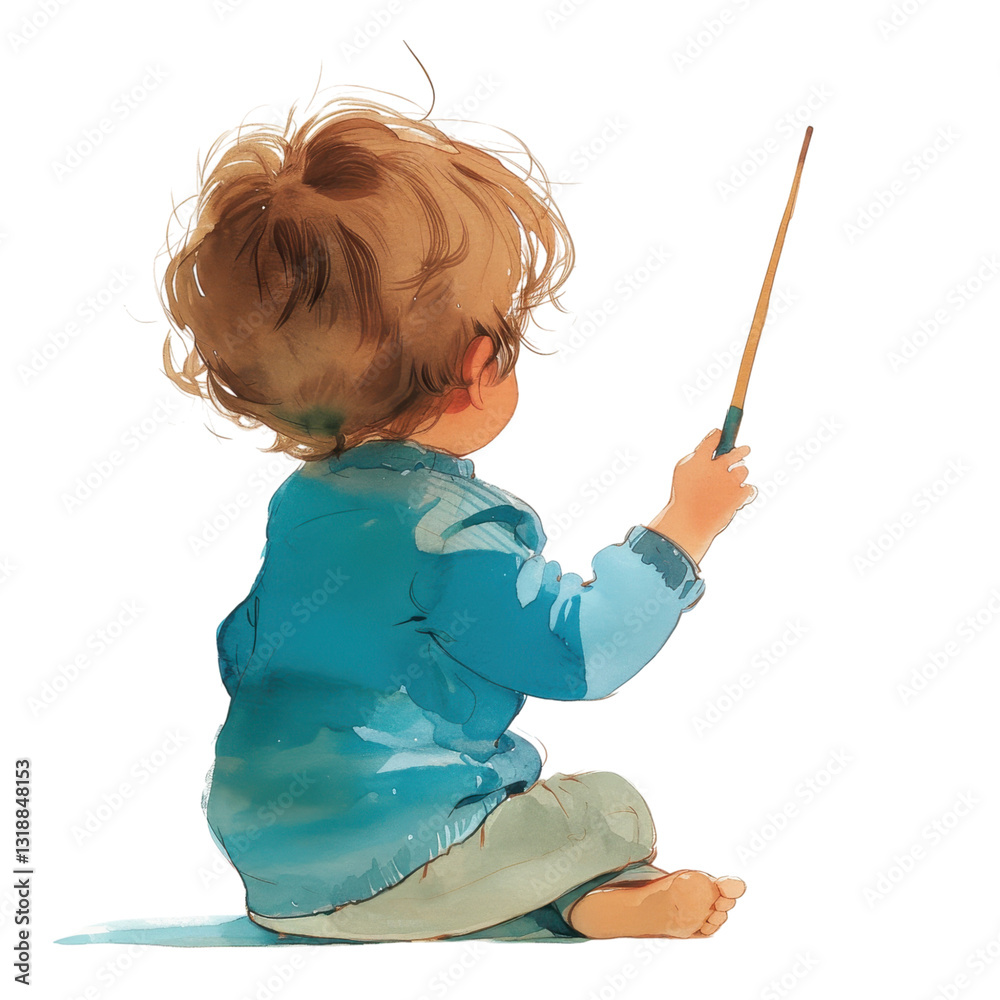 Child exploring creativity with a stick home digital art cozy atmosphere rear view imagination Child exploring creativity with a stick home digital art cozy atmosphere rear view imagination