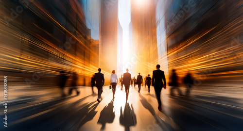 Silhouetted figures walk with motion blur toward a bright light in a city street.  The scene conveys a sense of forward movement and urban dynamism.