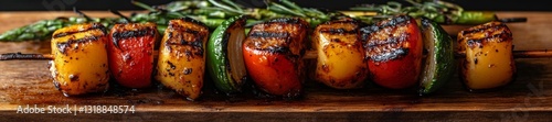 Grilled vegetable skewer with peppers onions and green vegetables on a wooden platter. Generative AI photo