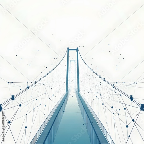 Abstract Blue Suspension Bridge Extending to Hazy Horizon