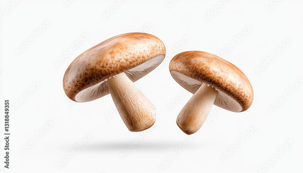 Two fresh mushrooms displayed against a clean white background, showcasing their smooth caps and sturdy stems. Two fresh mushrooms displayed against a clean white background, showcasing their smooth caps and sturdy stems.