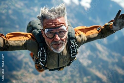 Skydiving adventure of an experienced skydiver over breathtaking mountain landscapes in clear weather