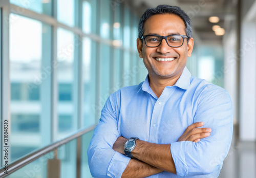 happy indian businessman standing at office photo