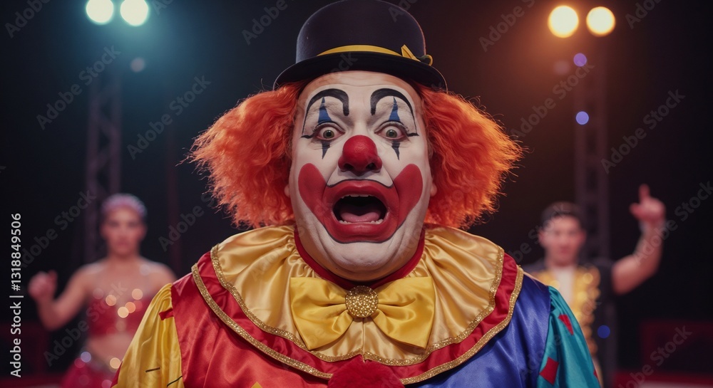 Surprised Clown with Exaggerated Expression in a Circus Setting Surprised Clown with Exaggerated Expression in a Circus Setting