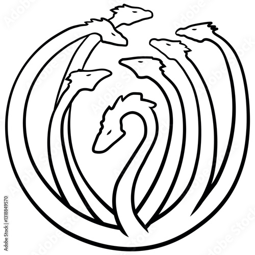 Hydra with seven snake heads illustrated in minimalistic white line art