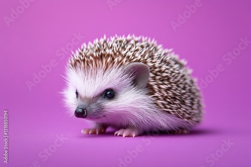 Cute small hedgehog sitting on a bright purple background during a studio shoot