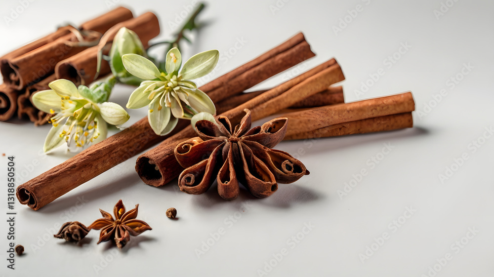 Fresh cinnamon sticks and anise flowers on a white background with copy space for text Fresh cinnamon sticks and anise flowers on a white background with copy space for text