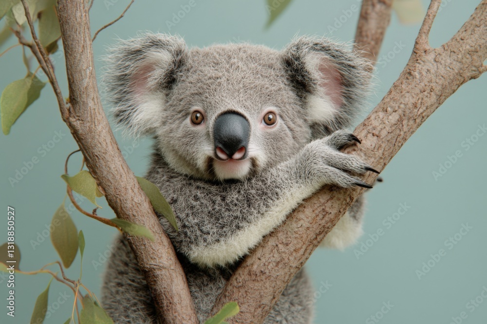 Fototapeta premium Koala rests comfortably on a tree branch while curiously observing its surroundings in a tranquil setting