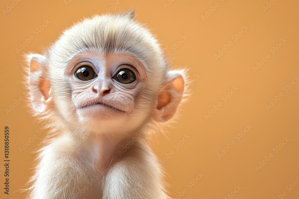 Curious baby monkey gazes intently with large eyes against a warm background