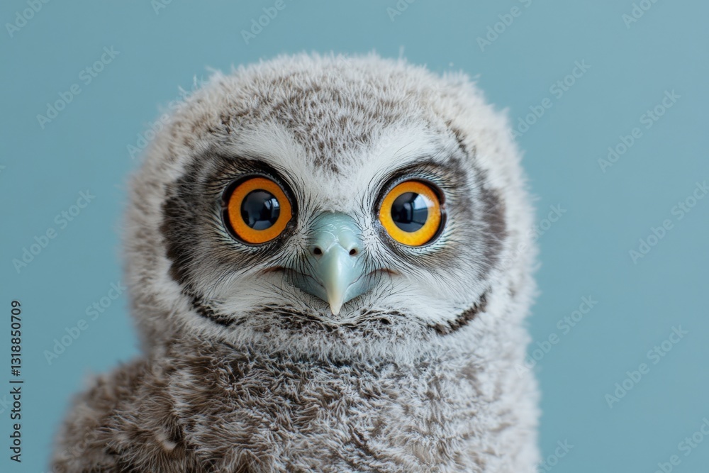 Fototapeta premium Adorable young owl with striking orange eyes perched against a soft blue background in a natural setting