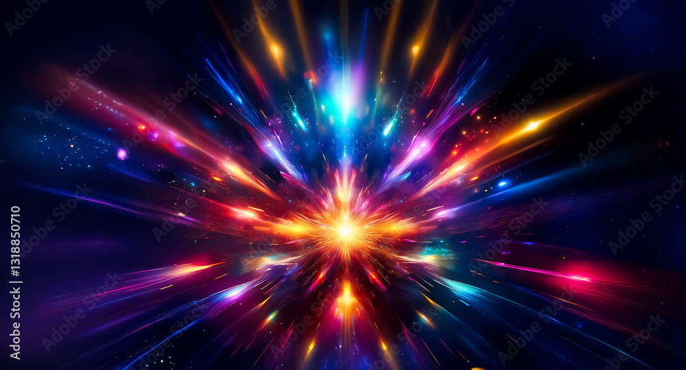 Naklejka premium Abstract burst of vibrant light rays exploding from a central point against a dark backdrop. Colorful streaks create a dynamic and energetic visual.