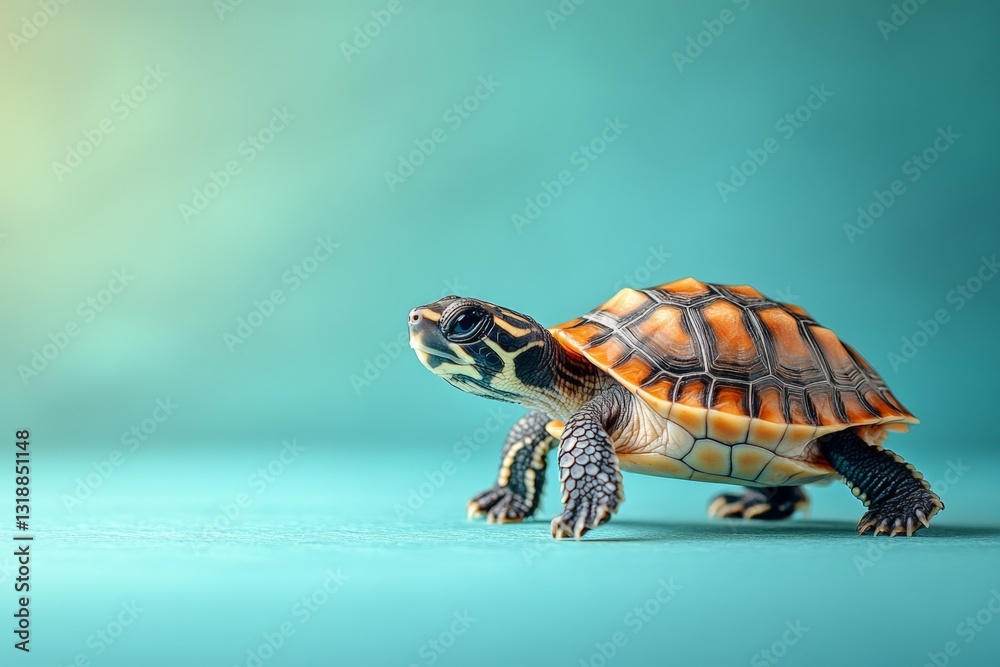 Obraz premium Colorful turtle exploring a turquoise surface in a bright, indoor environment