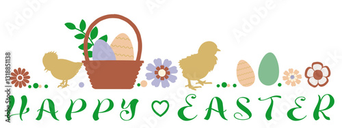 Happy Easter. Banner with little animals for easter design on white background. Vector illustration.	