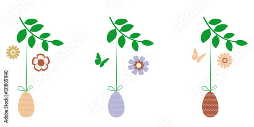 Happy Easter. Set of branches with easter decorations on white background. Vector illustration.	
