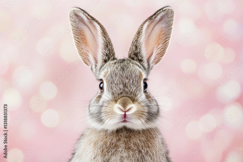 Fototapeta premium Rabbit with soft gray fur and expressive eyes against a pink blurred background during springtime
