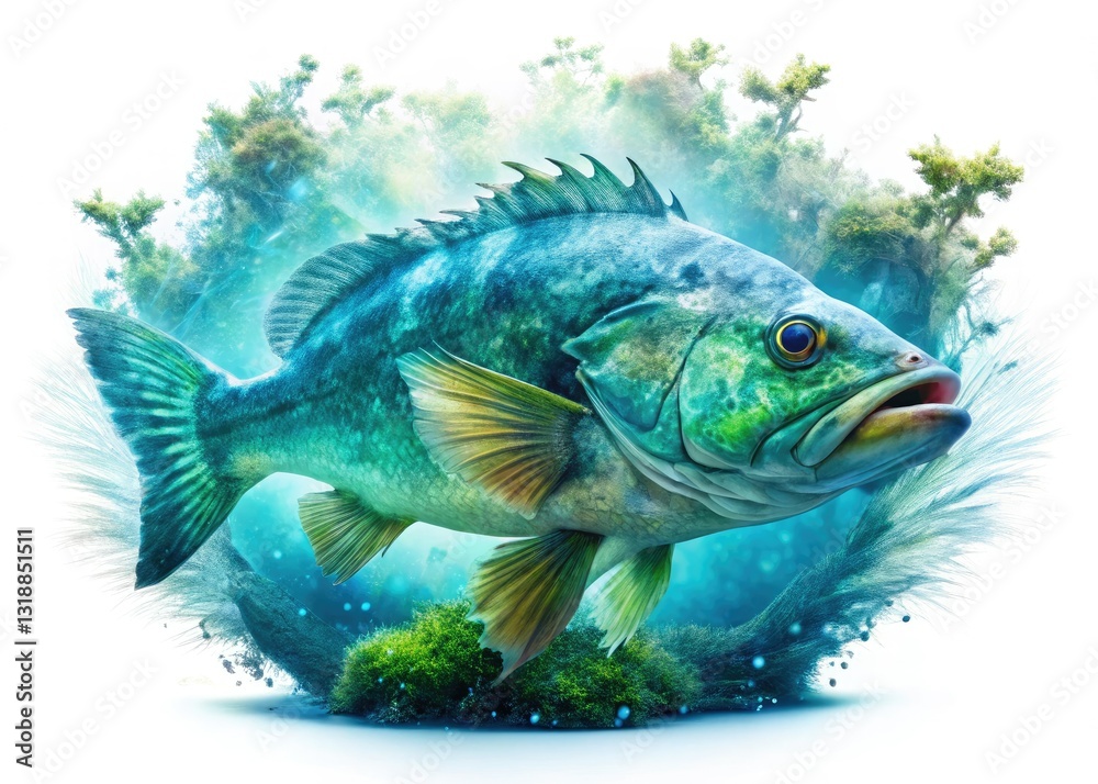 Surreal underwater grouper portrait, double exposure, white background.