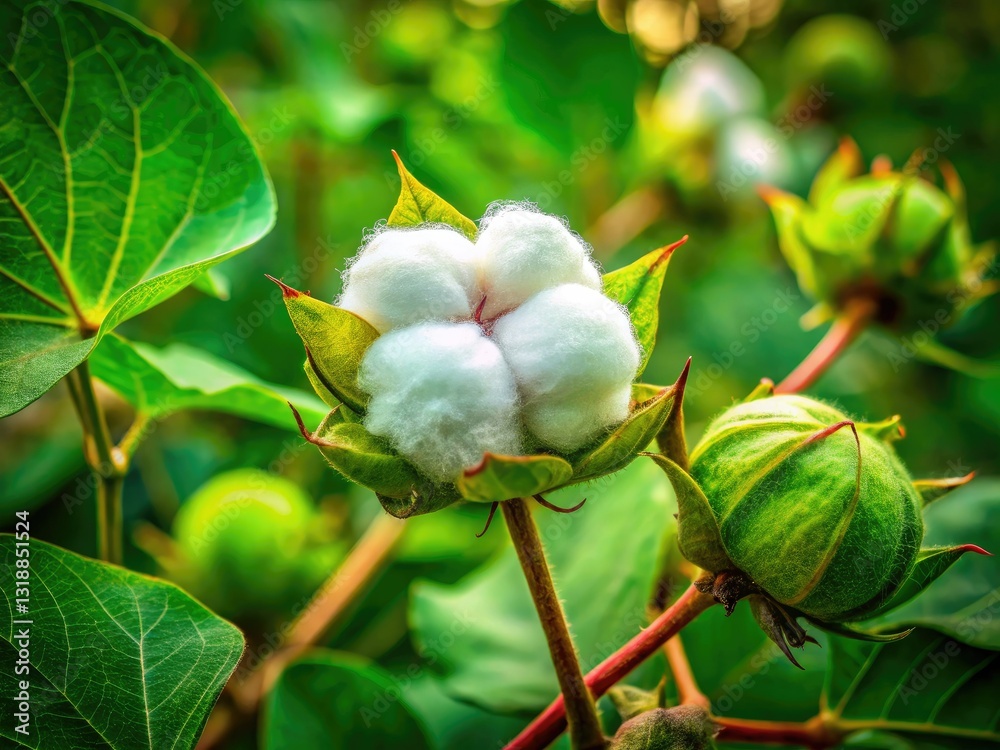 Sustainable organic farming yields small green Thai hybrid cotton fruit post-flowering. Sustainable organic farming yields small green Thai hybrid cotton fruit post-flowering.