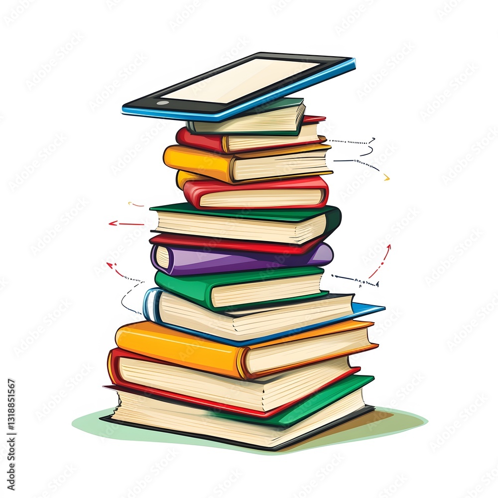 Colorful Stack of Books with Tablet on Top Colorful Stack of Books with Tablet on Top