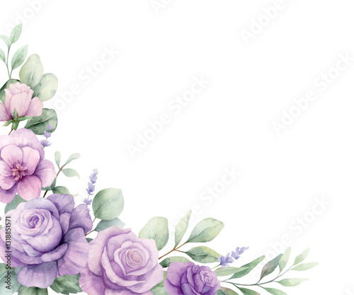 Watercolor vector corner border frame. Green eucalyptus leaves and purple flowers. Greenery clipart for wedding invitation, greeting cards, save the date, stationery design. Hand drawn illustration.