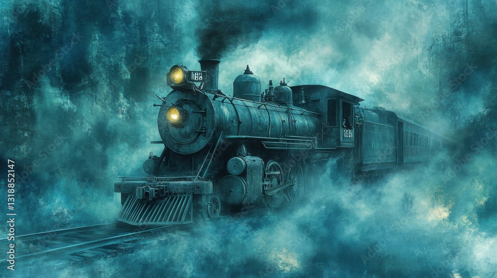 Obraz premium A powerful locomotive engine on a textured dark blue background, industrial feel.