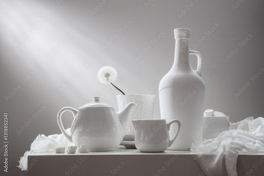 White still life with white dishes on a white background White still life with white dishes on a white background