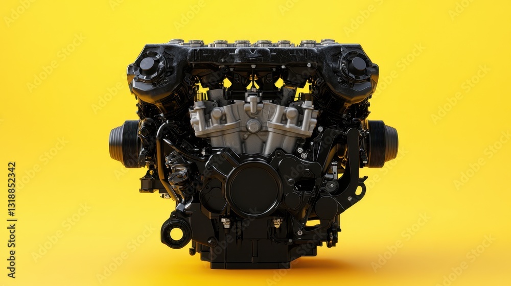 Fototapeta premium A powerful V engine displayed on a bright yellow background, sharp mechanical details.