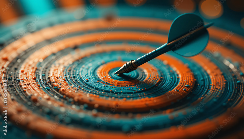 Precise Dart Embedded in Bullseye on Dartboard with Vibrant Orange and Blue Concentric Circles Precise Dart Embedded in Bullseye on Dartboard with Vibrant Orange and Blue Concentric Circles