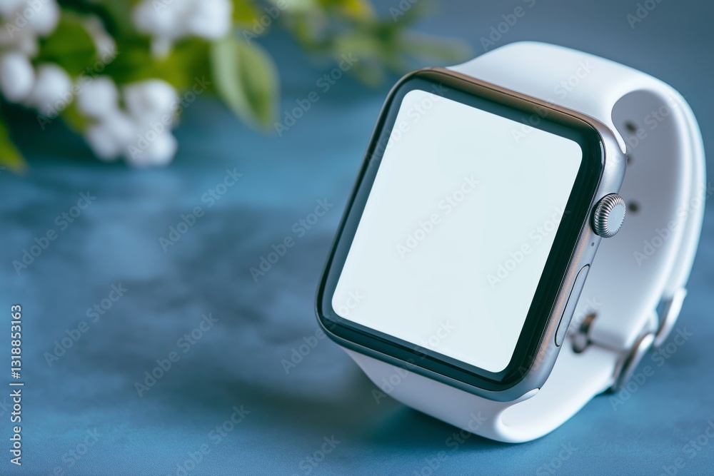 A mockup of a smartwatch with a blank screen on a gray background.